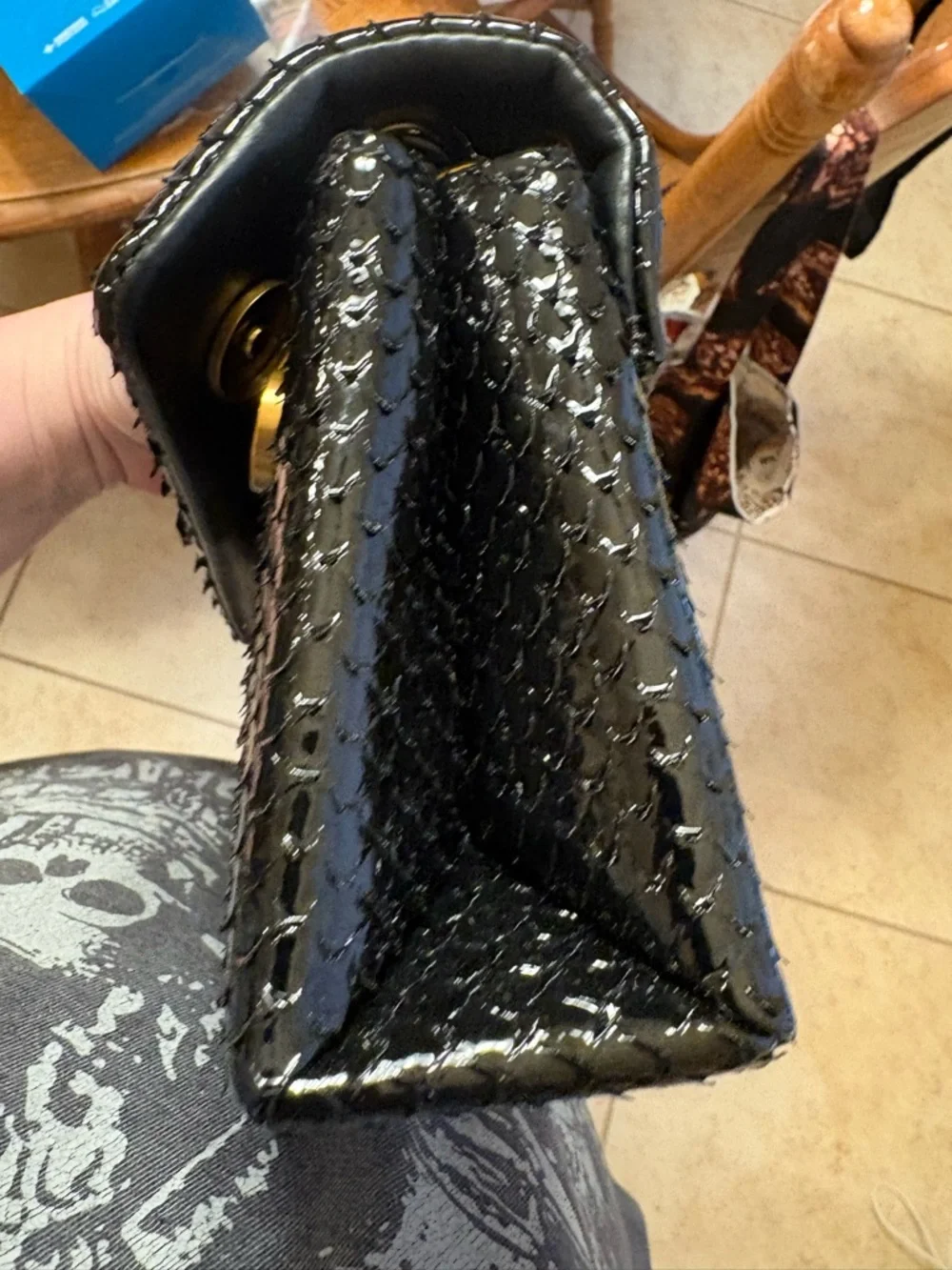 Kurt Geiger Black Patent Snake-Embossed Crossbody Bag with Gold Hardware - Picture 3 of 8